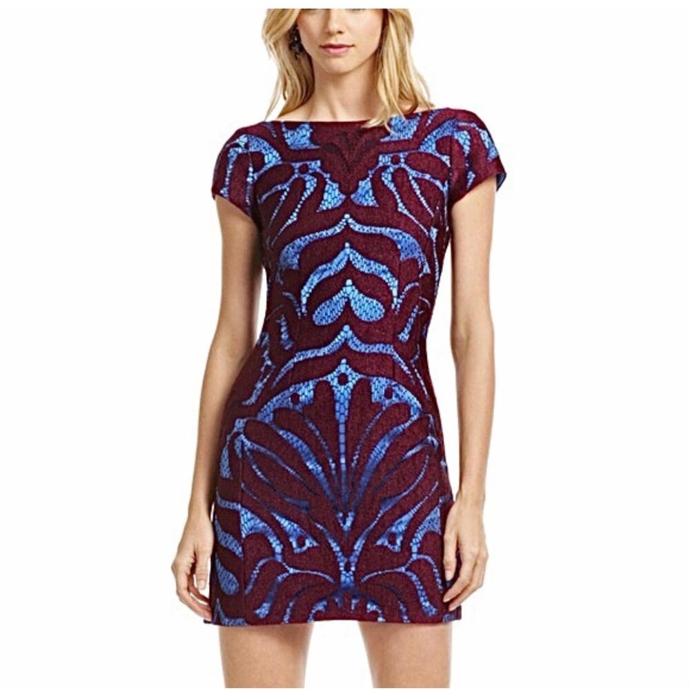 Nanette Lepore Sheath Dress Sz 10 - Style 042-4977 Blue/Burgundy Silk EUC